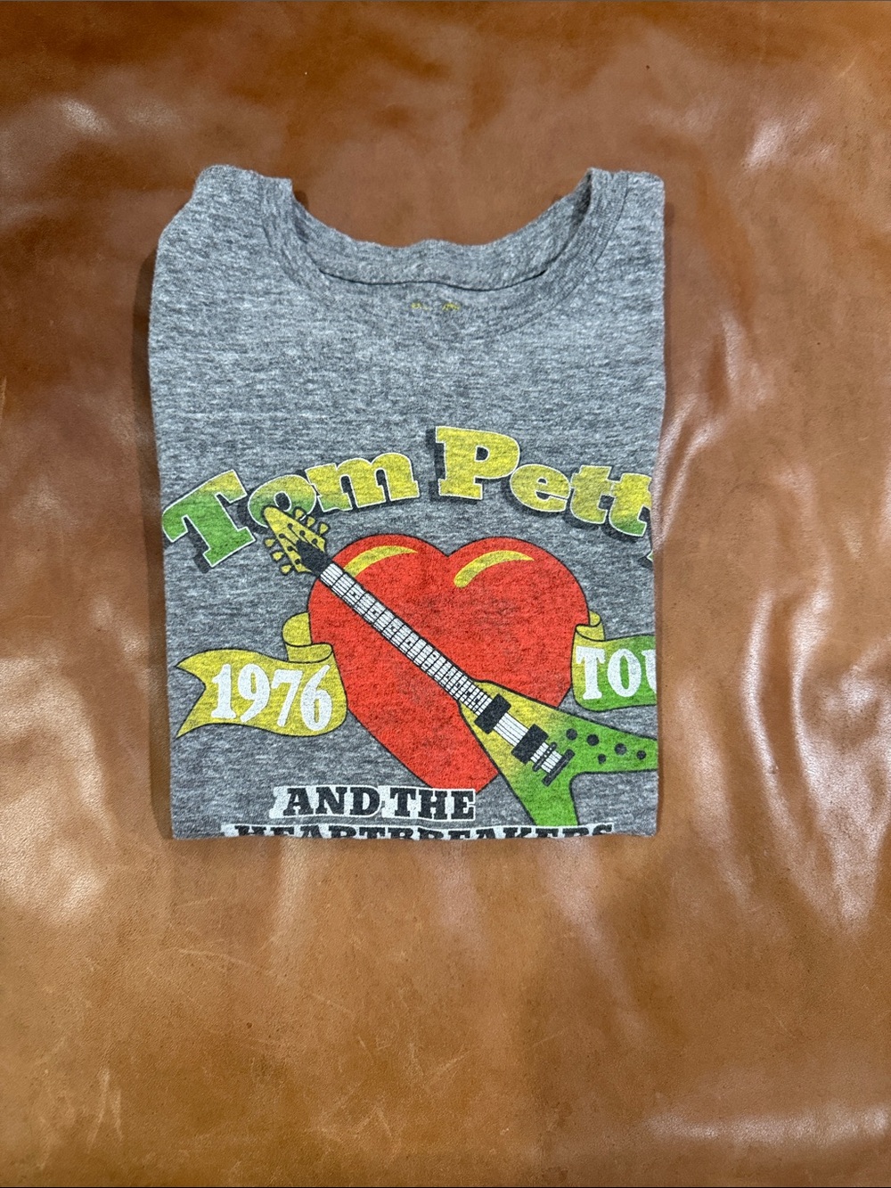 Rowdy Sprout Gray Tee with Red Heart and Green Guitar Graphic